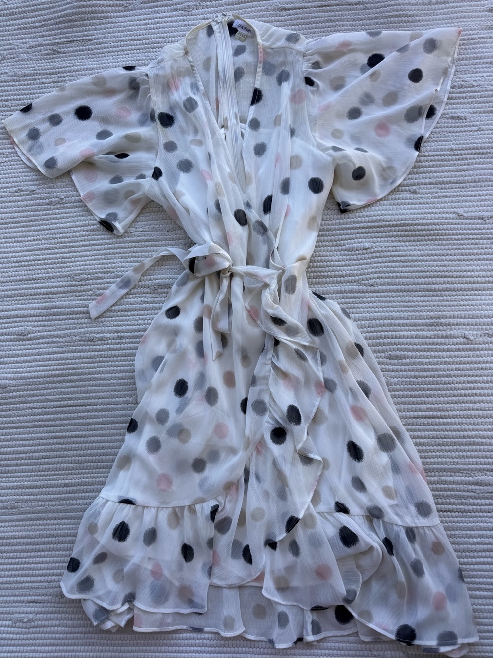 Calvin Klein Polka Dot Chiffon Wrap Dress Ruffle Hem Flutter Sleeve 12 - Picture 2 of 16